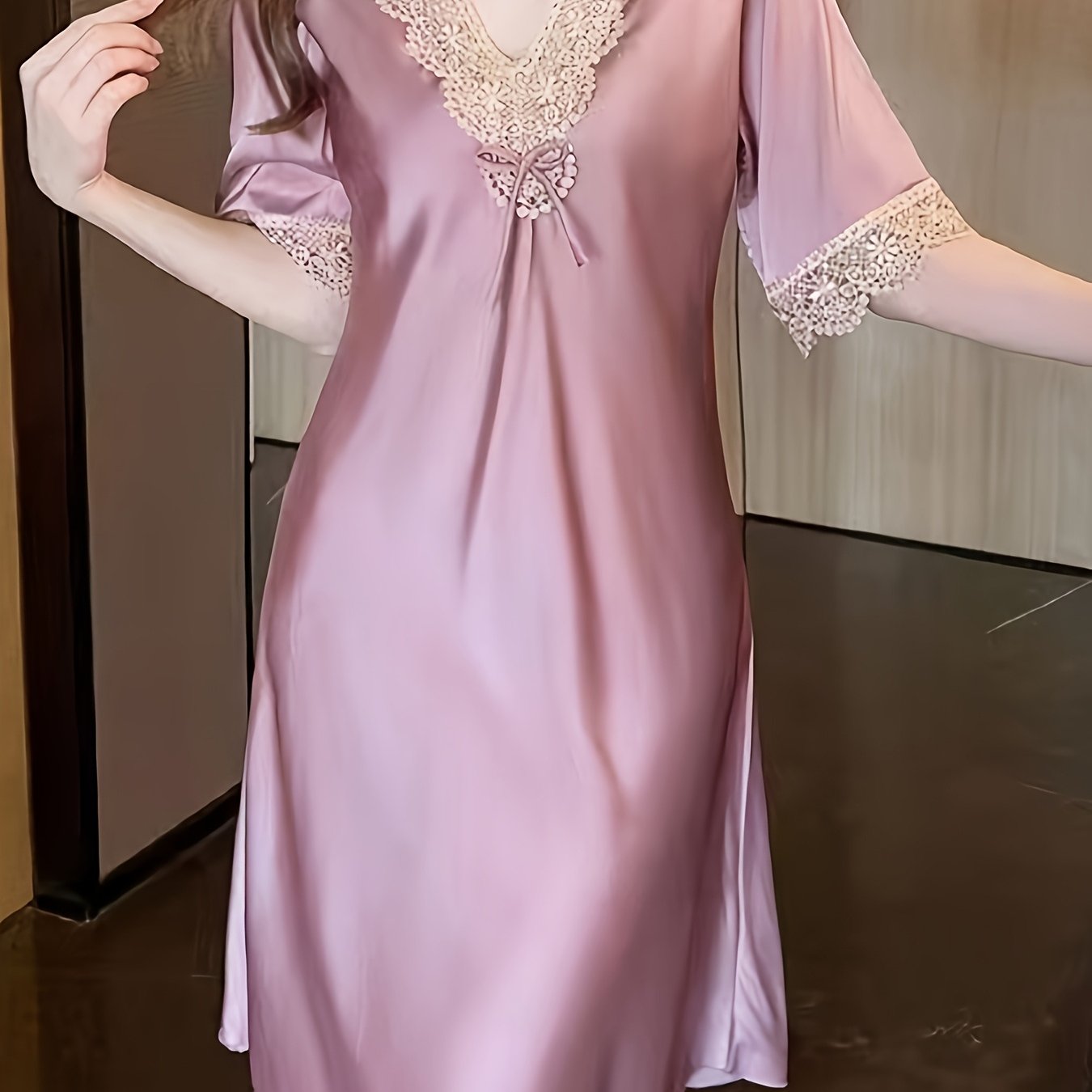 Image of Summer Korean Style Plus Size V-neck Nightgown With Short Sleeves, Sexy Lace Trim Women's Sleepwear
