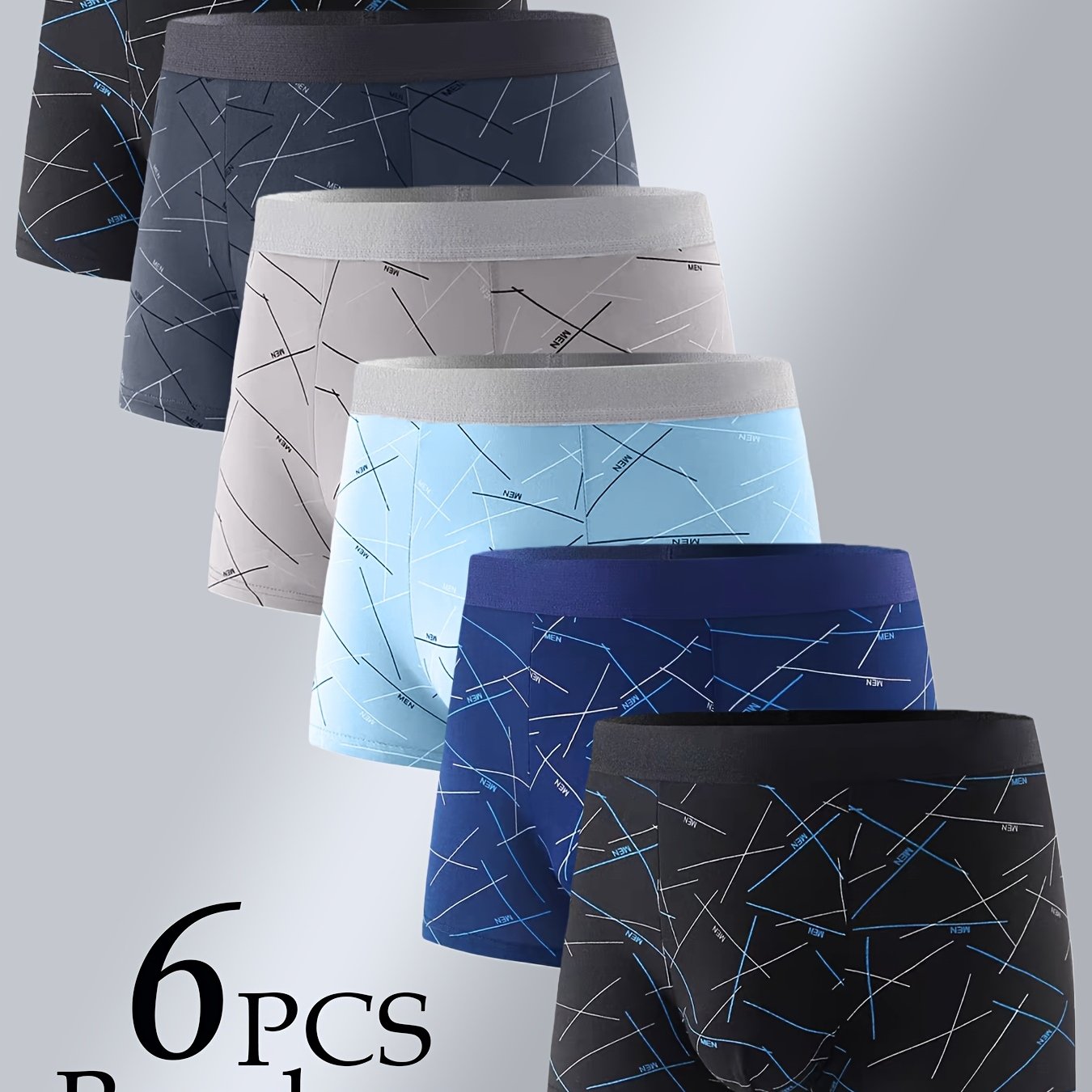 TEMU Random Brovanic 6pcs Men&;s Boxer Briefs, Featuring Contrast Geometric Patterns With Letter Prints And An Elastic Waistband. Simple, Stylish,