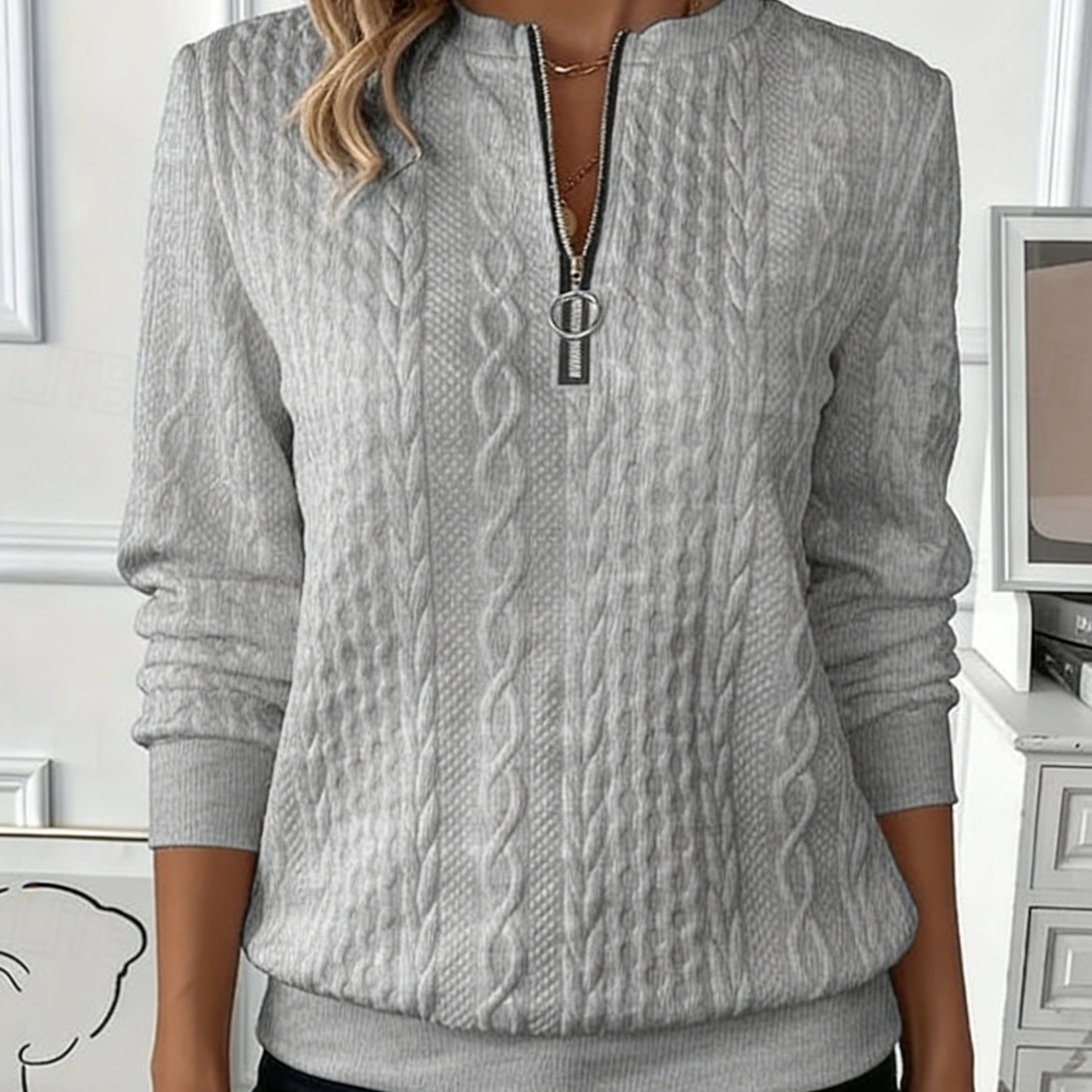 TEMU Women's Autumn Casual Solid Textured Jacquard Sweatshirt - -zip Jacket