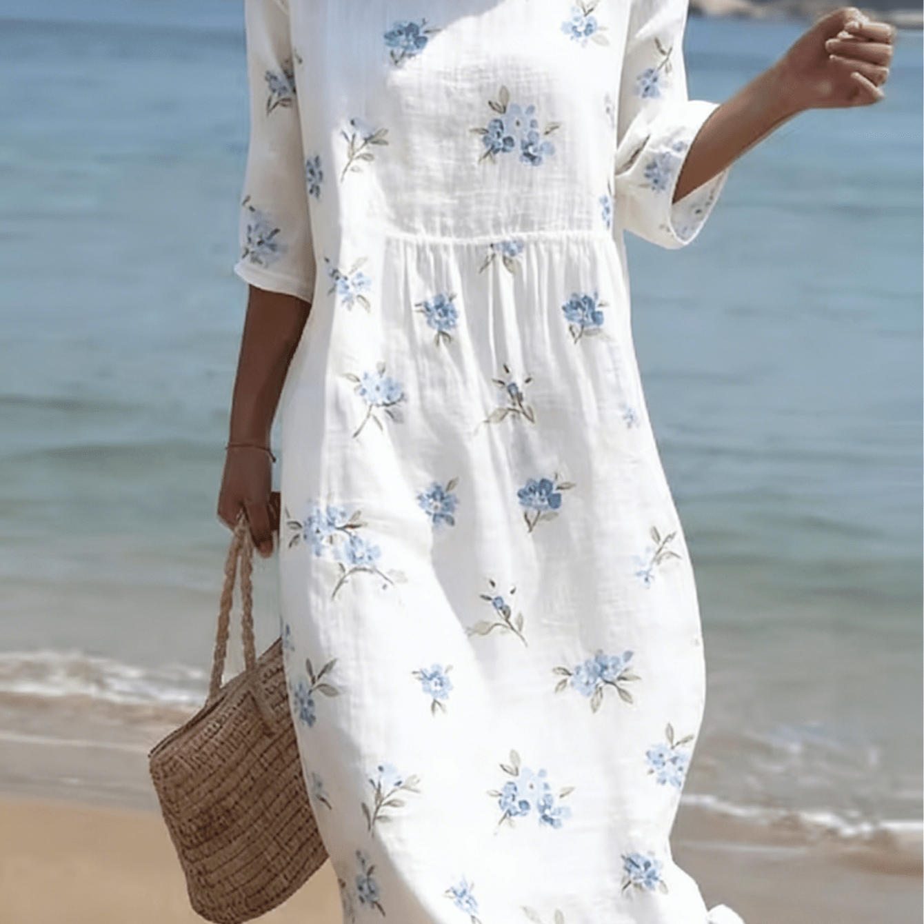 Image of Women's Casual Round Neck Mid-sleeve Printed Dress, Casual Blue Ditsy Floral Print Midi Dress, Summer Bohemian Beach Dress For Holiday Daily Wear