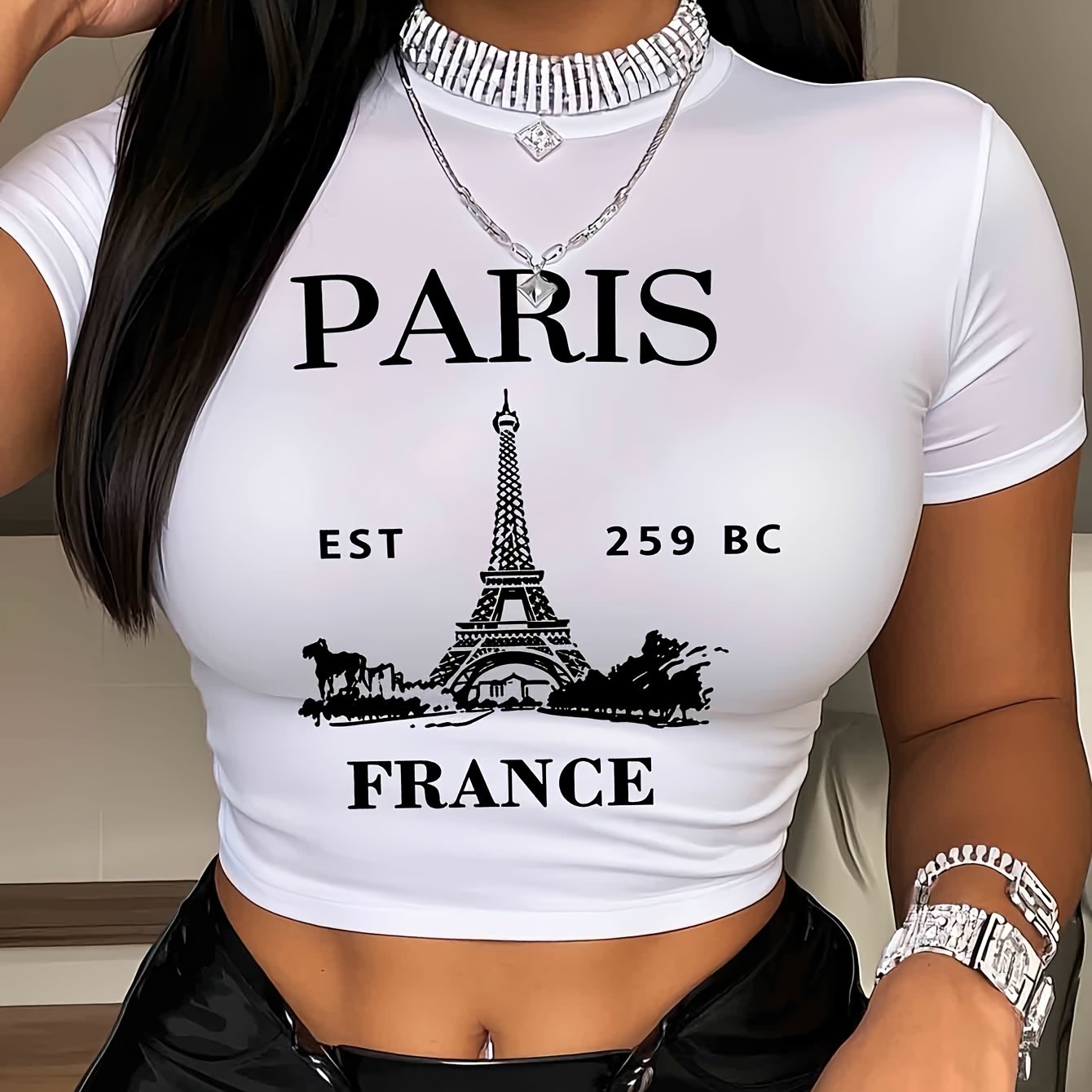 Art Letter Print - Y2k Style | Women's Casual Fashion Slim Fit Solid Color Detail Waist Ruffle Pullover Crew Neck Short Sleeve T-shirt Xs-xxl