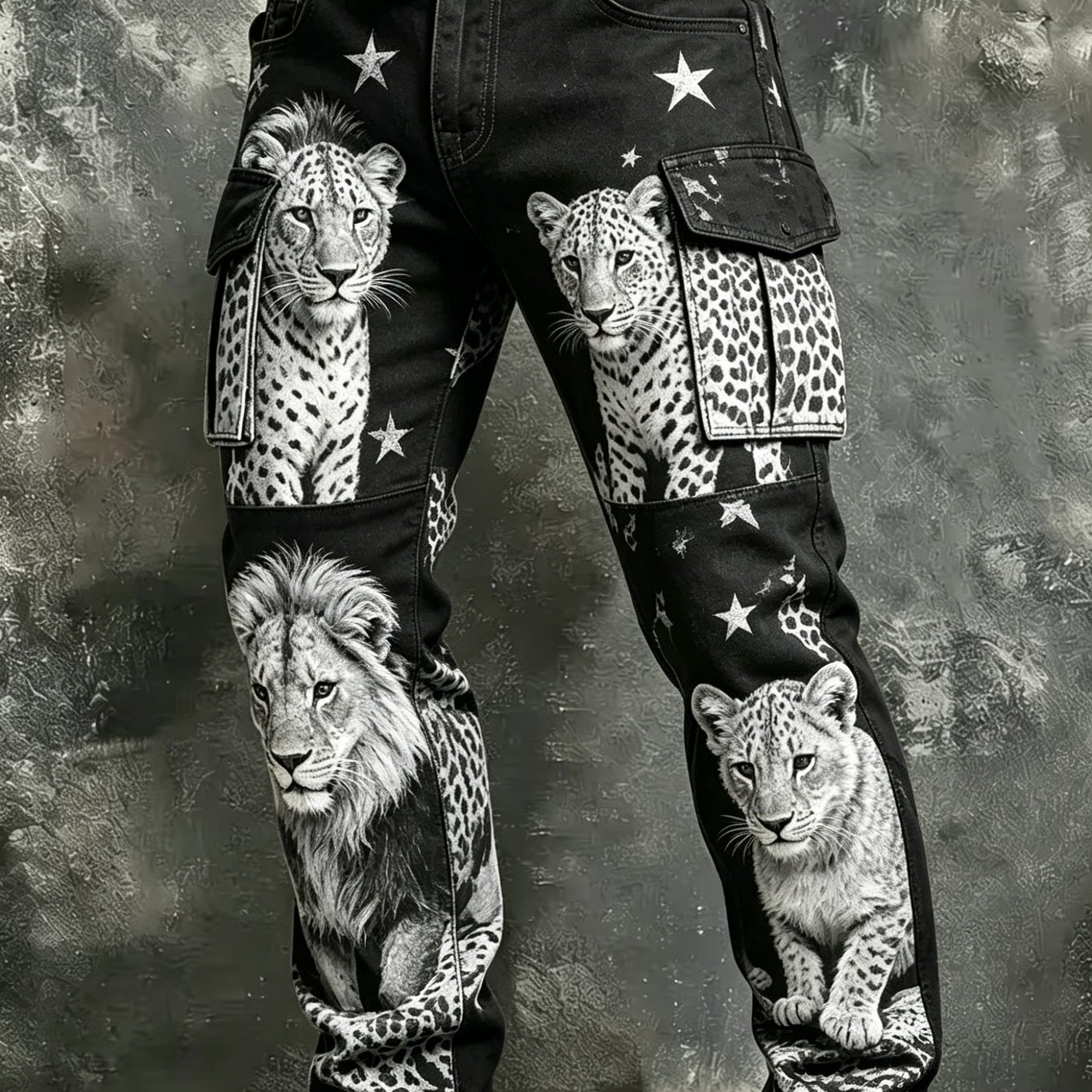TEMU Men's Leopard And Lion Star Pattern Cargo Pants, All Season Casual Streetwear Loose Fit Daily Wear Bottoms