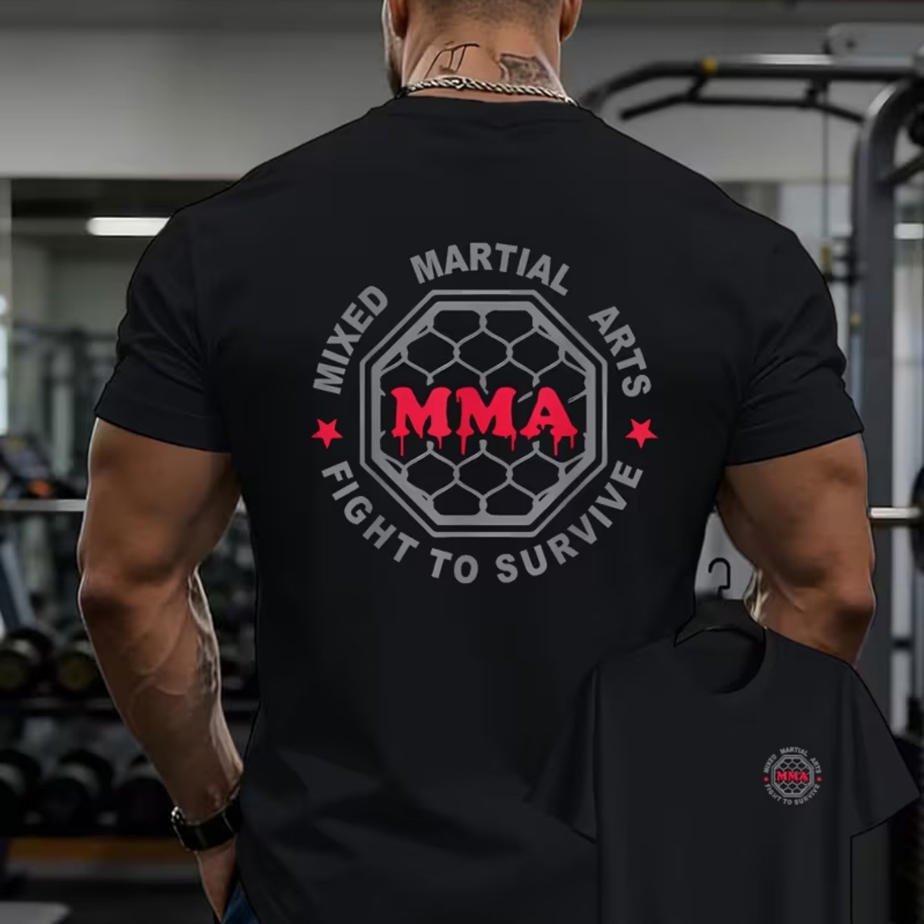 TEMU Men's Casual T-shirt, Double-sided Pattern Print, Comfortable And Breathable, Mma Octagon Mixed Martial Arts Fight To Print Short Sleeve - Ideal