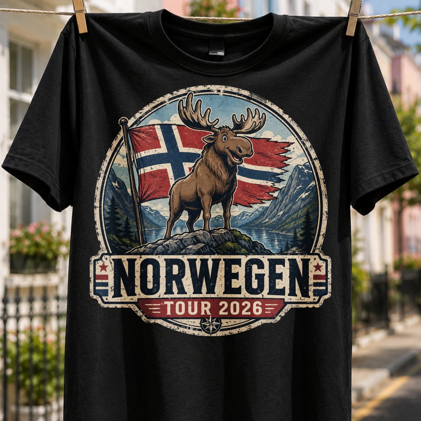 Norway Tour 2026 T-shirt, Moose By Fjord Graphic, Flag, Lake Mountains And Vintage Outdoor Badge Style