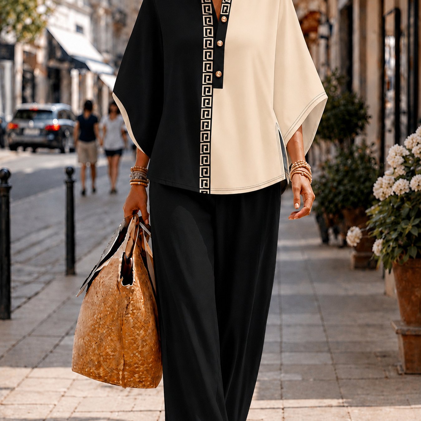Image of Women's Sports Set, Greek Key Print Stand Collar Batwing Sleeve Loose Top Wide Leg Pants 2 Piece Outfit, Loose Comfortable Breathable, Suitable For Casual Sports