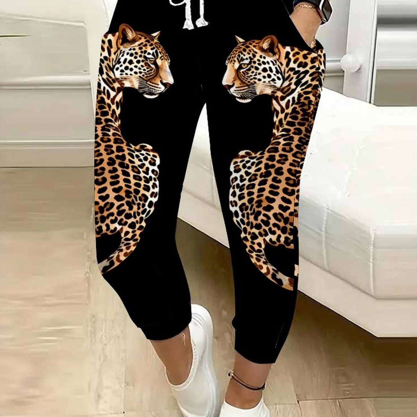 TEMU Classic Women's Casual Drawstring Pants With Animal Print, Suitable For Outdoor Play, And Daily Casual Wear