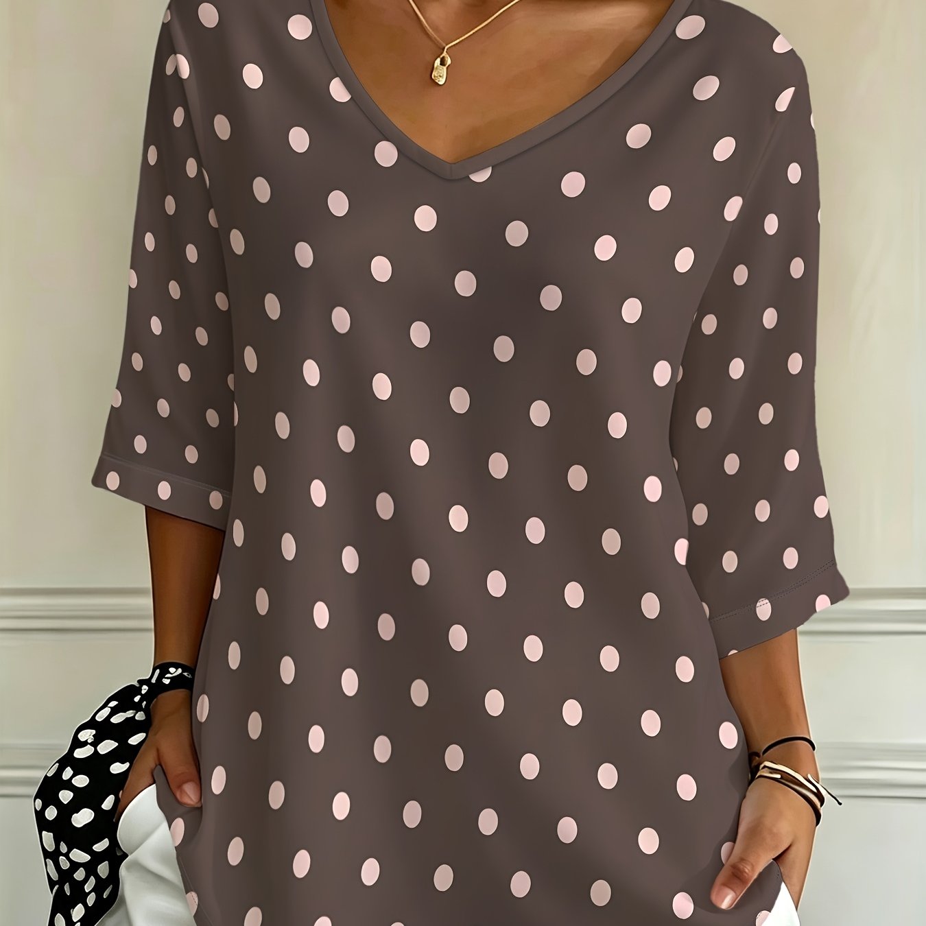 TEMU Plus Size - Casual Fashion Holiday New Plus Size Loose Polka Dot Print 3/4 Sleeve V-neck Women's T-shirt, Versatile Top