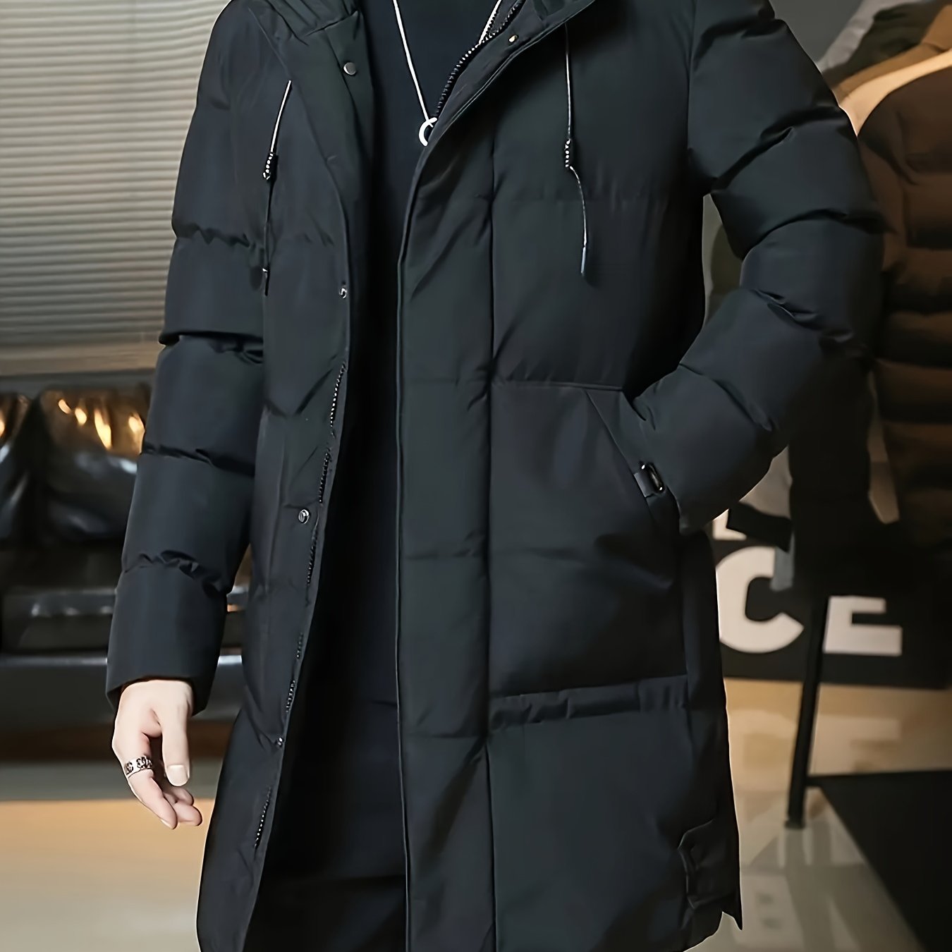 E-shop 1 Herren Jacke mit langer Kapuze - Verdicktes Polyestermaterial, detaillierter Kordelzug, verdickte, warme Jacke, große , Wintermäntel mit