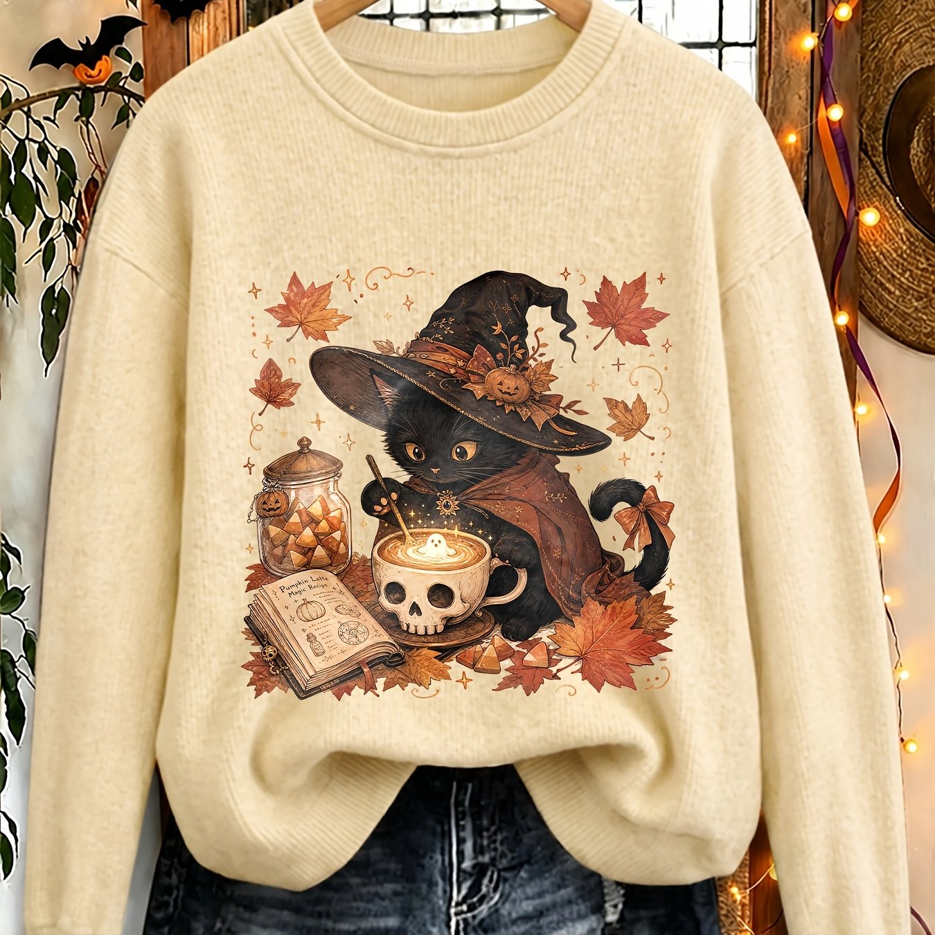 TEMU Haut à manches longues à col rond en molleton de lapin synthétique mélangé automne-hiver pour femmes, imprimé motif sorcière style , et