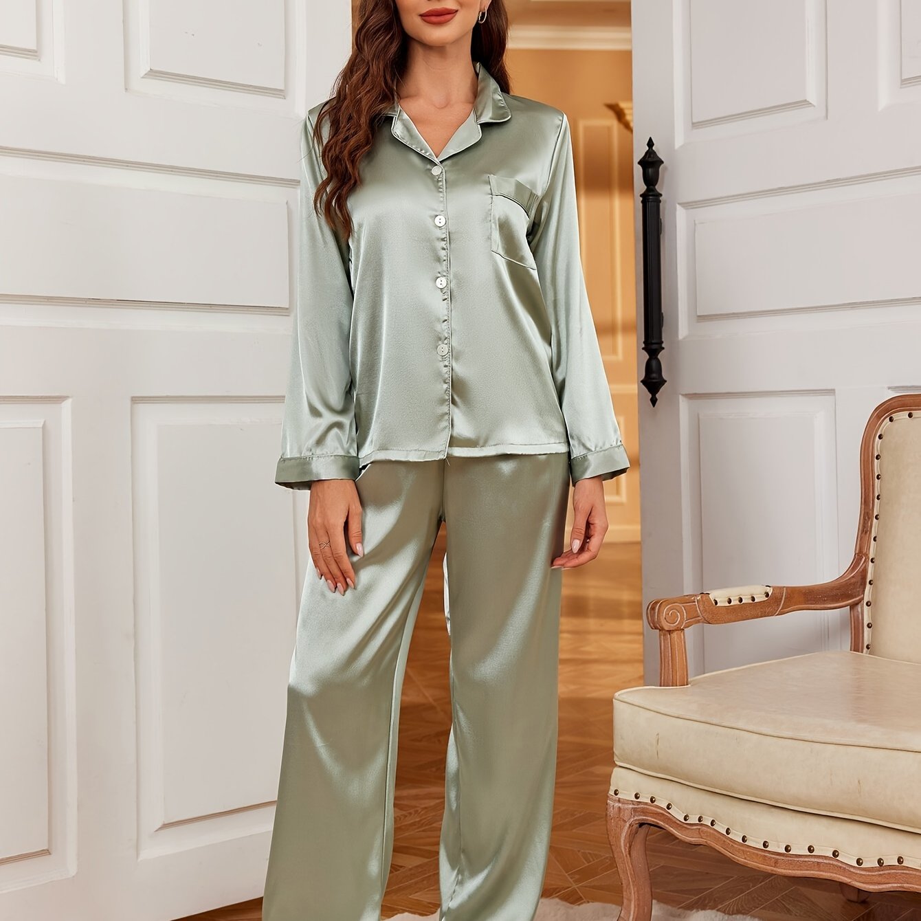 TEMU Elegant Light Green Satin Pajama Set For Women - Long Sleeve, Button-up Collared Top & Matching Pants With Pockets, Soft & Breathable Loungewear, Machine Washable,