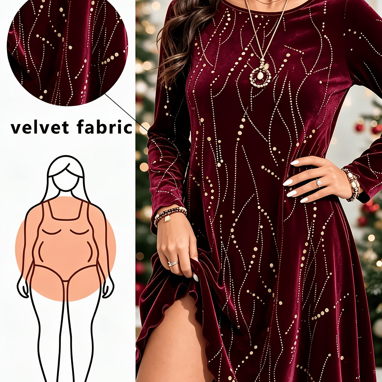 Image of Plus Size, Plus Size Women's Autumn/winter Warm Elegant Round Neck Velvet Print Long Sleeve Irregular Hem Casual Dress