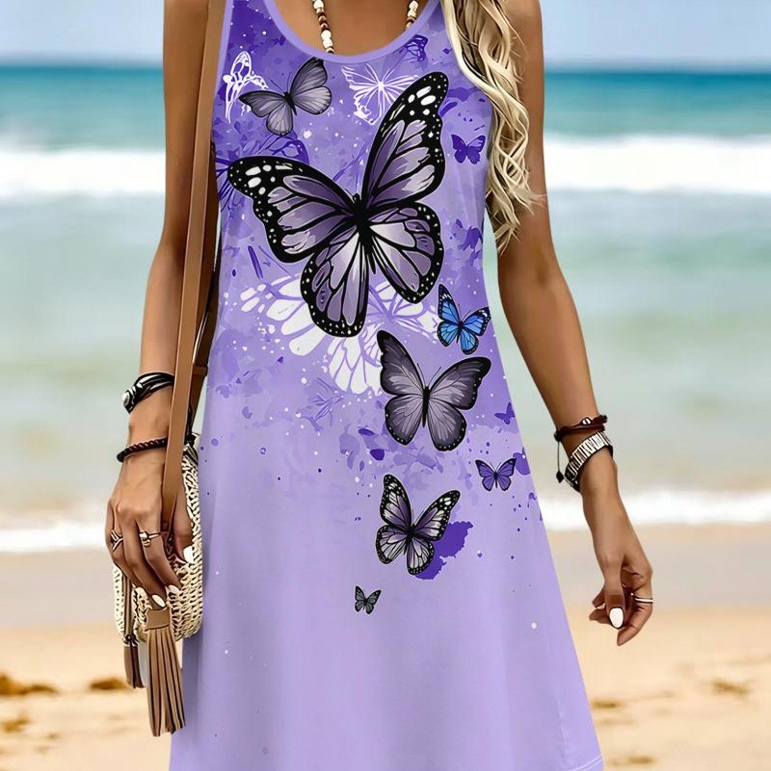 TEMU Women's Purple Print Sleeveless Tank Dress, Casual A-line Mini Sundress For Summer Beach Vacation, Travel And Daily Wear