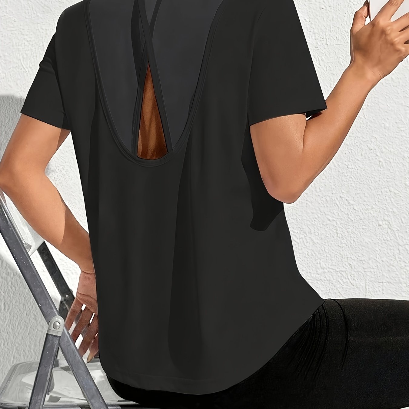 E-shop 1 Stück Damen Yoga Outfit Sport T-Shirt Locker Atmungsaktiv Schnelltrocknend Top Mesh Hollow-Out Rücken Training Fitness Kurzarm