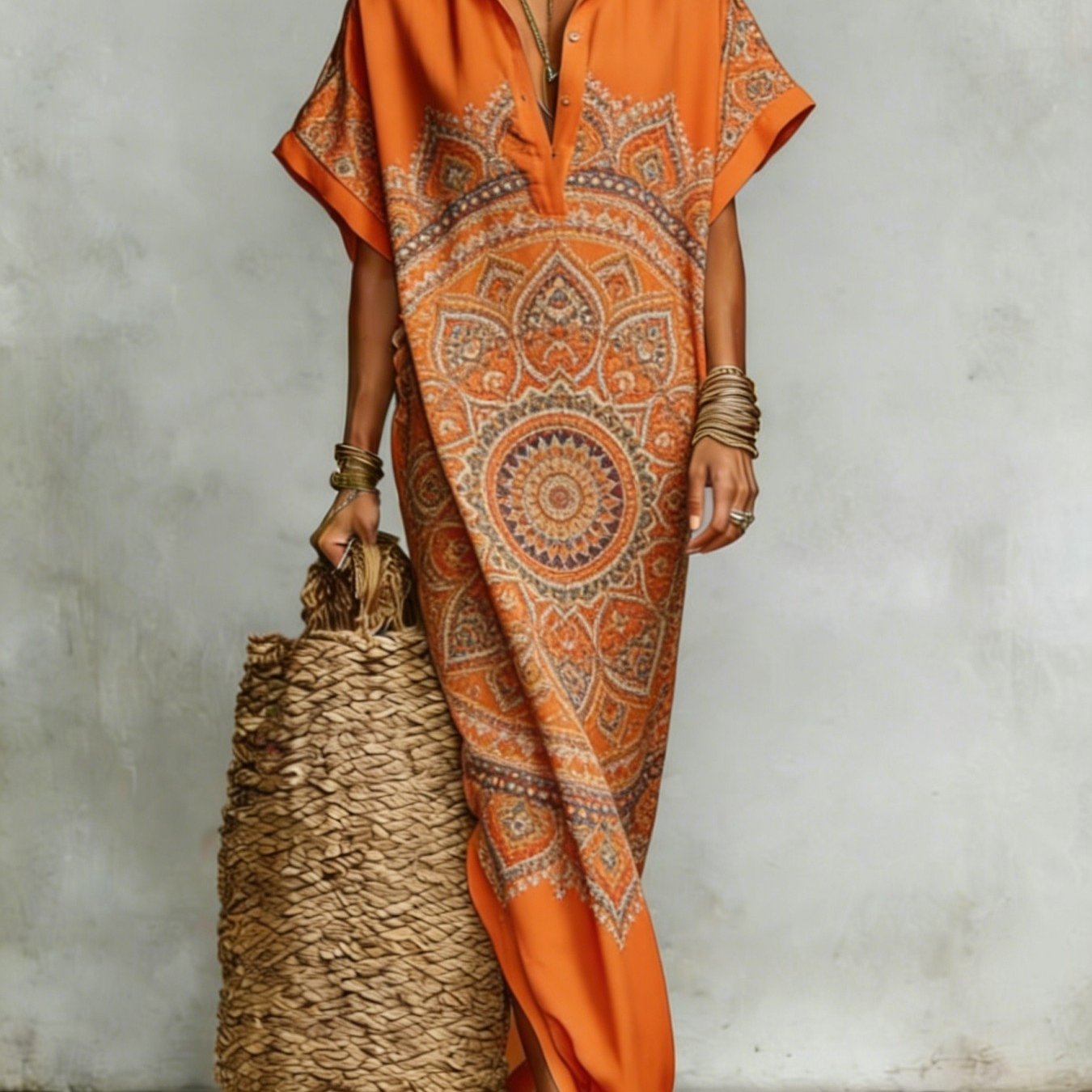 Plus Size Women'-inspired Printed Shirt Dress, With Turn- Collar And Half-button Short Sleeves, Side-slit Loose Long Dress, Beach Vacation Maxi Dress
