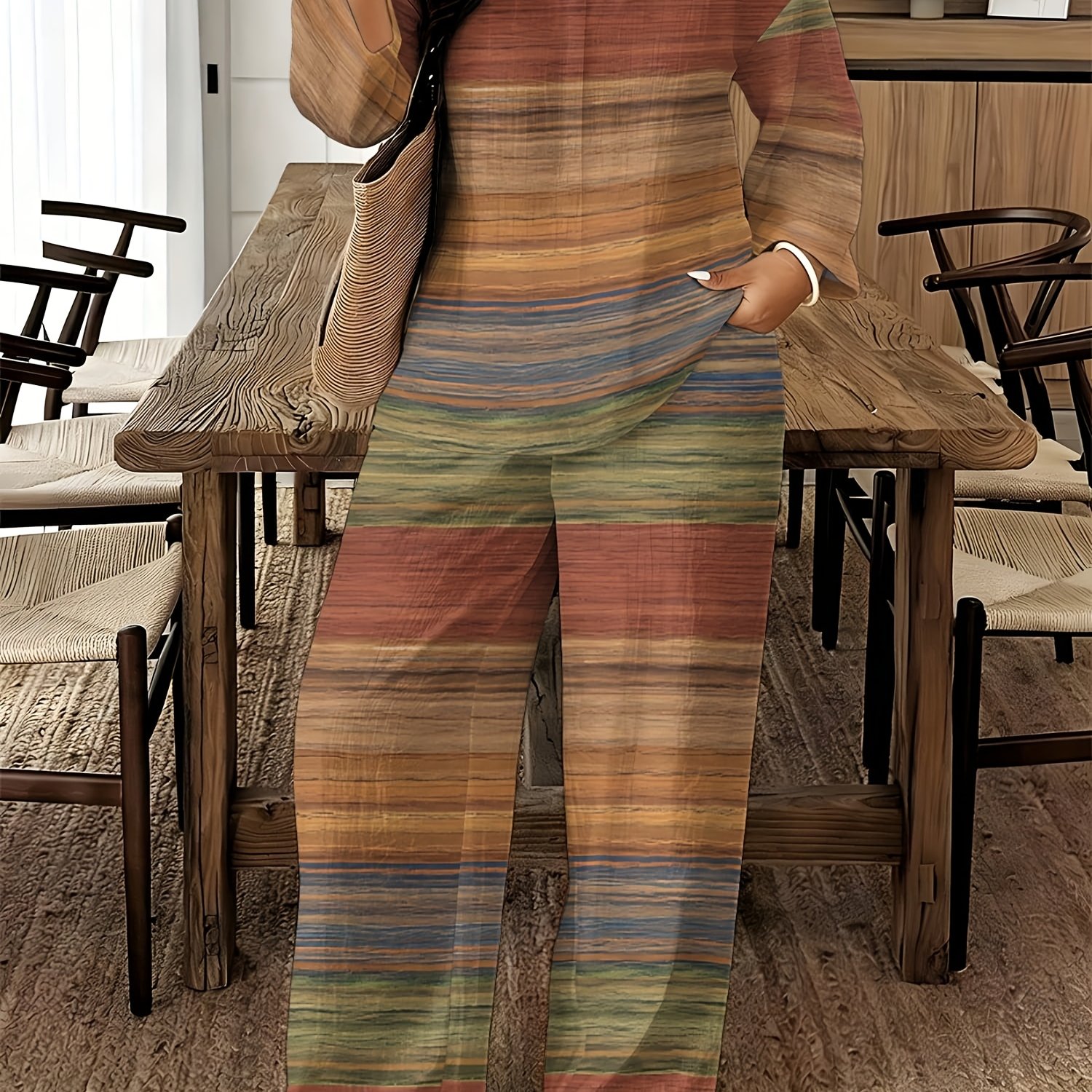 TEMU Plus Size - Plus Size - Plus Size Women's 2pcs Striped Printed Top And Casual Pants Elegant Plus Size Outfit Summer Outdoor Wear