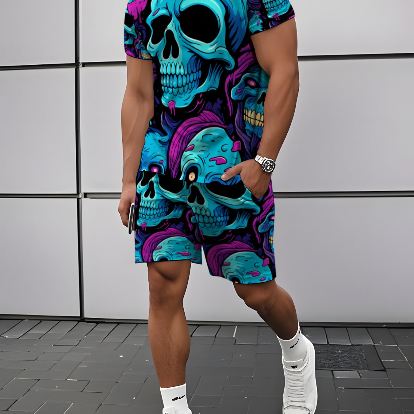 TEMU Men's Skull Print Short Sleeve T-shirt And Shorts Casual 2pcs Set, Summer Fashion