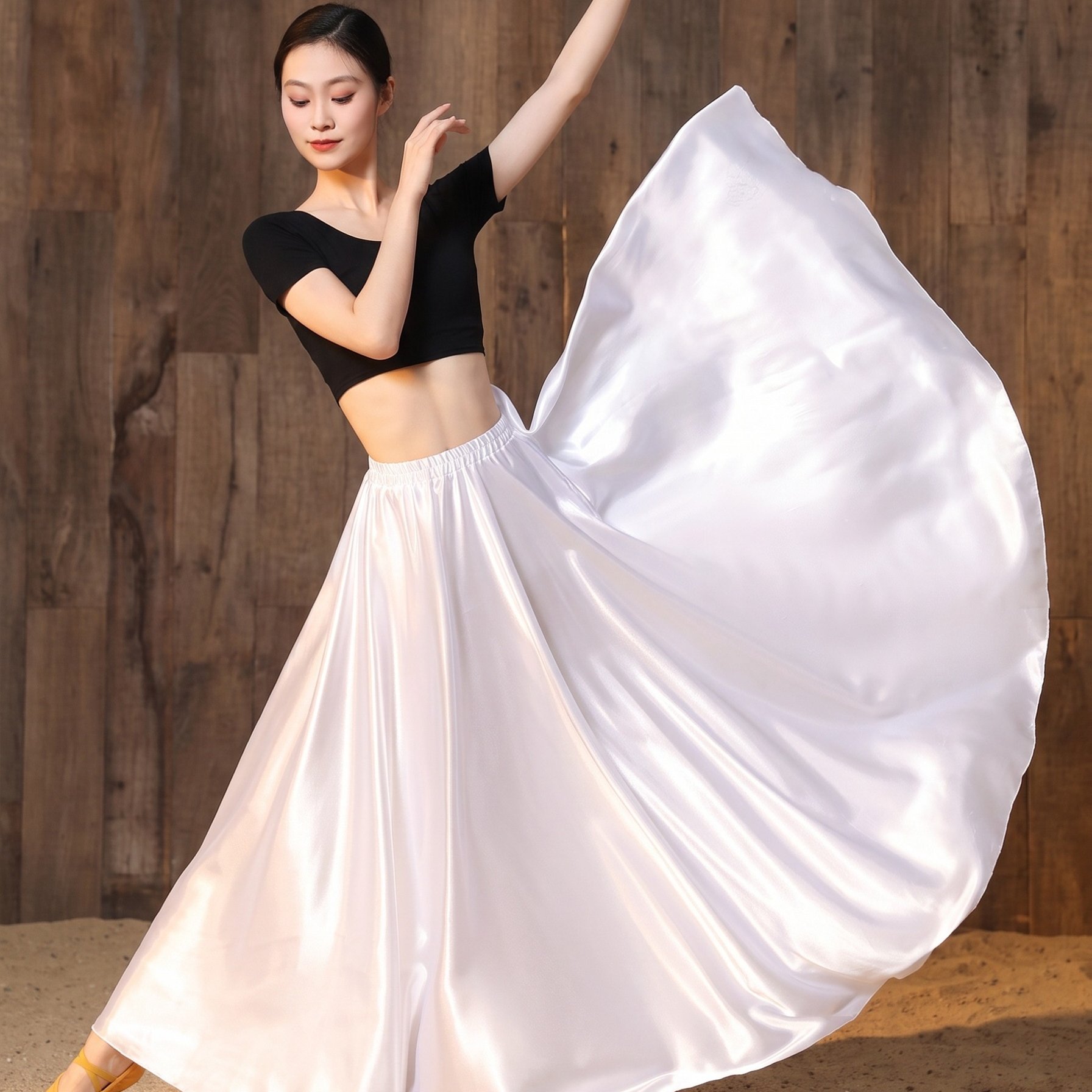 TEMU 2025 95cm Satin Long Mid-length Skirt With Elastic Waist Belly Dance Princess Party Role- Dress 360 Degree Dance Dress