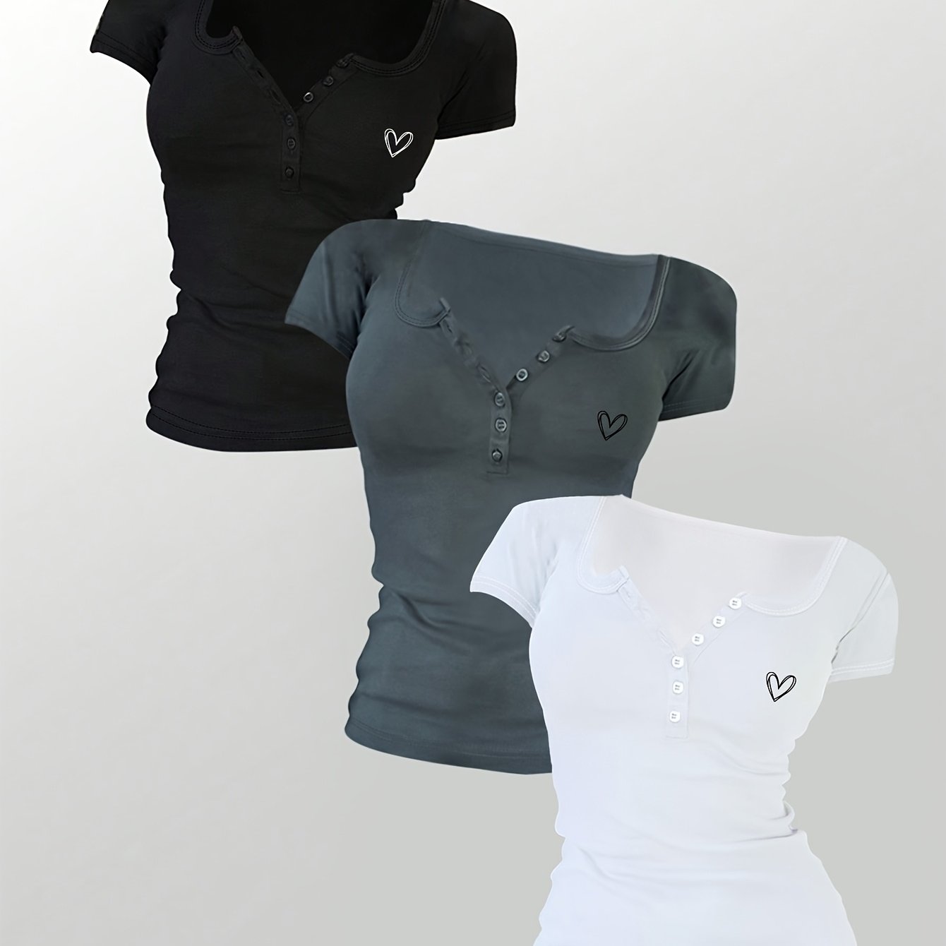 Image of Fashion Casual Short Sleeve V-neck Button-up Women's T-shirt 3pcs Set