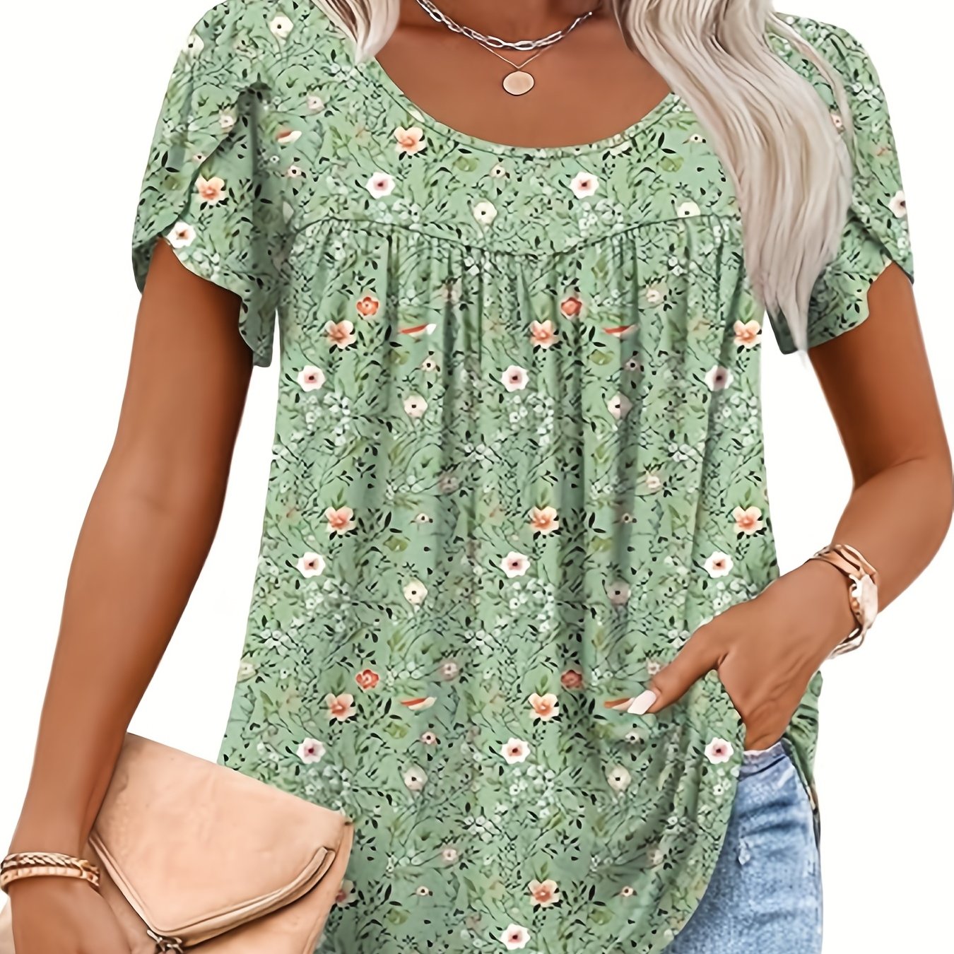 TEMU Women's Floral Print Sleeve Blouse - Loose Fit Round Neck Short Sleeve Top, Breathable Stretch Fabric For Spring Summer Fall, Casual & Formal