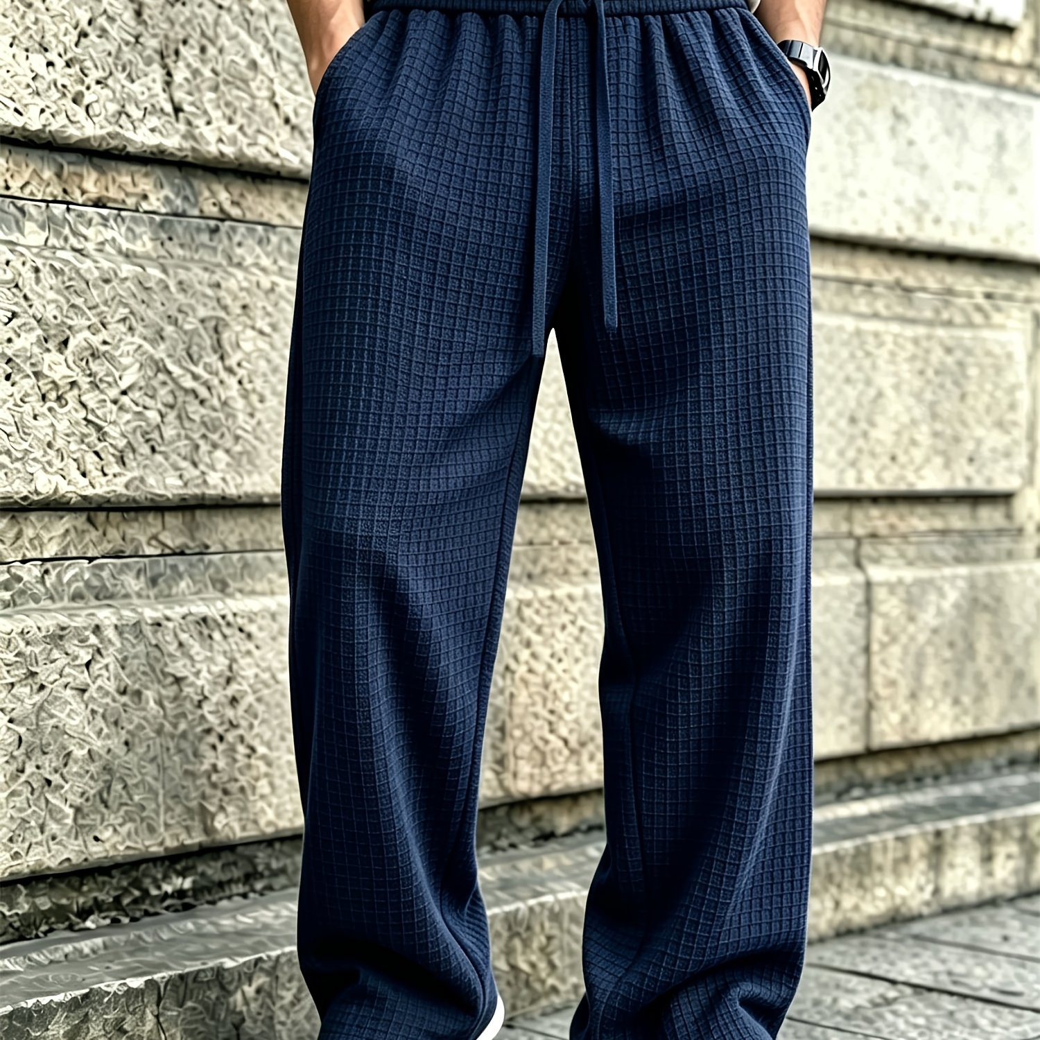 TEMU Men's Waffle Knit Joggers - Loose Fit Straight-leg Trousers With Elastic Drawstring Waist, Waffle Texture Pants Suitable For , Machine Washable