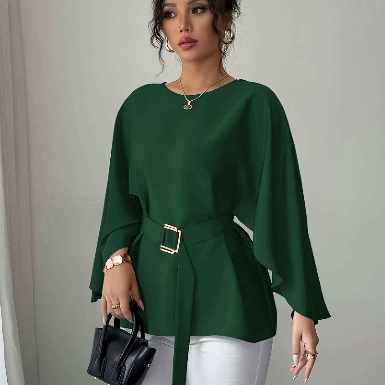TEMU Dj0518161 Directional Women's Round Neck Long Sleeve Wide Waist Tie Elegant All-match Top Trendy