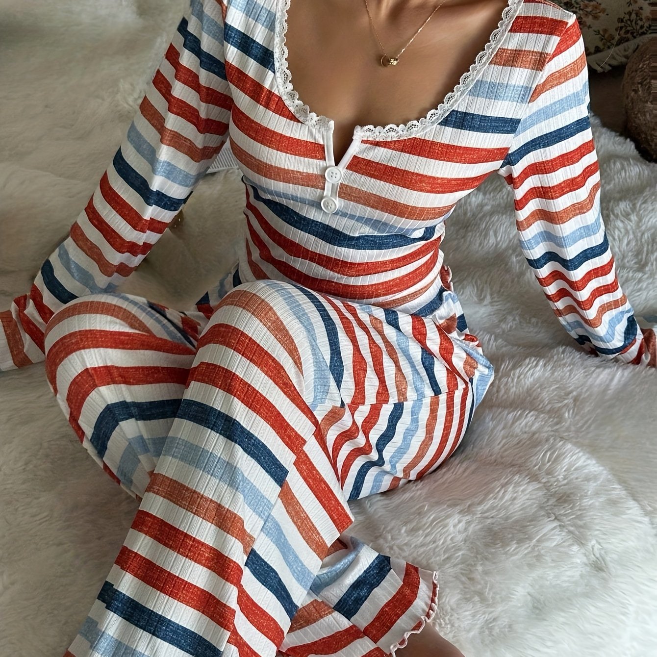 Image of Casual Colorful Striped Print Lace Trim Square Neck Button-front Long Sleeve Top And Pants 2pcs Set, Set, Autumn Clothing, Comfortable And Elegant Detail Design