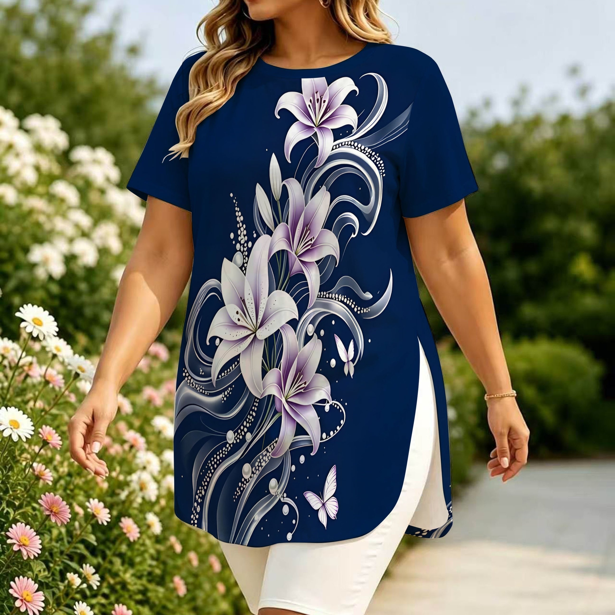 TEMU Printed Design â Not Textured Navy Blue Lily Pearl Print Midi T-shirt For Women, Summer Plus Size Side Slit Flattering Top