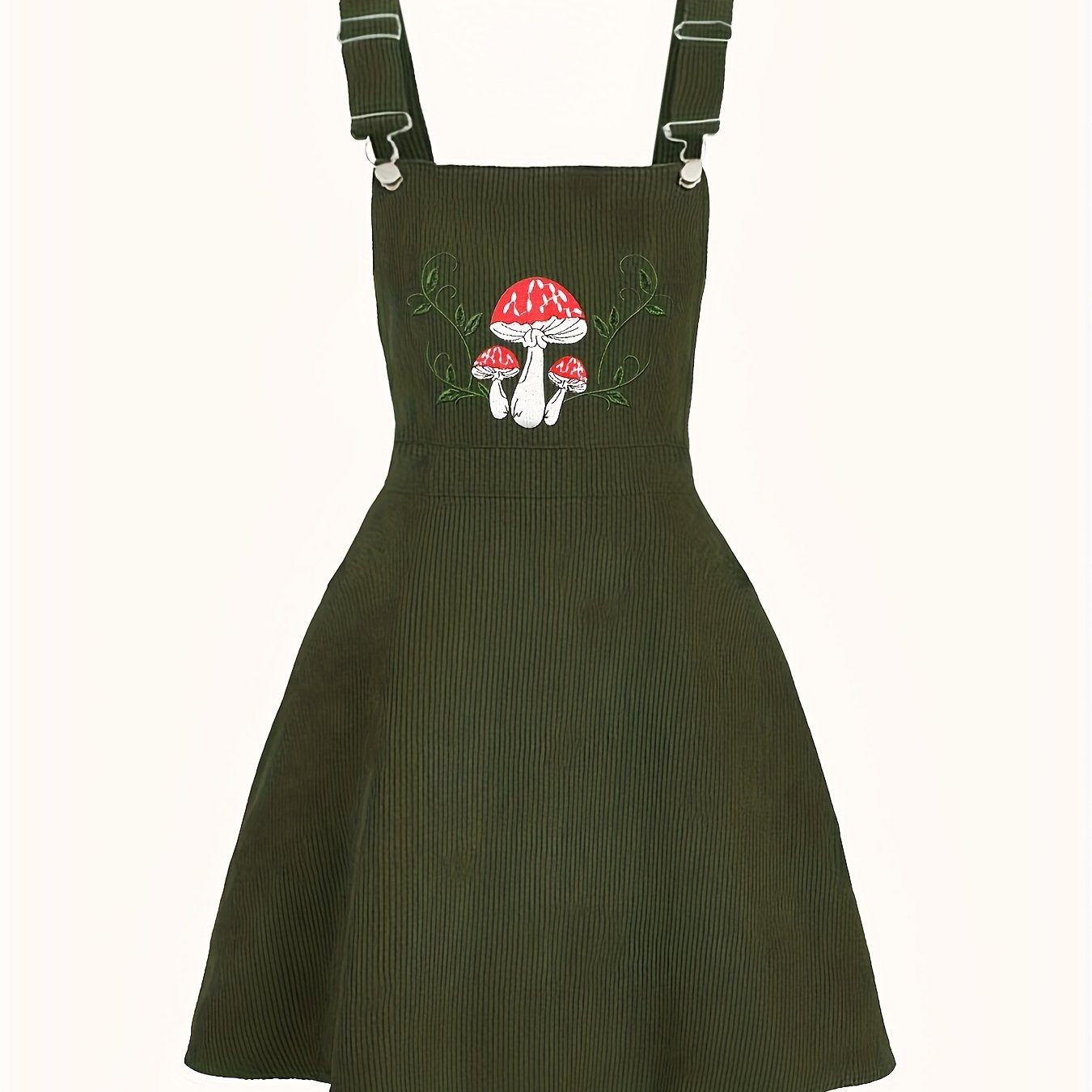 TEMU Елегантна черна без ръкави рокля за жени с бродерия на червени гъби и зелено листа - Регулируеми презрамки, Пере се в машина, От до кежуал до