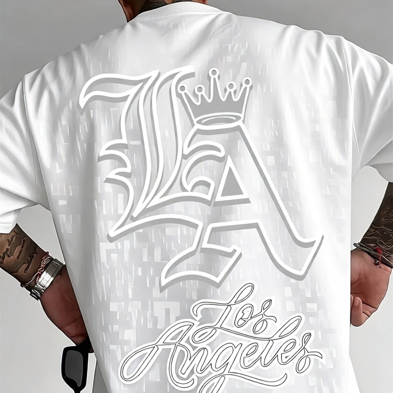 Men's Los Angeles Graphic T-shirt With Crown & La Logo Print - Plus Size Short Sleeve Casual , Relaxed Fit For Summer & Wear - Comfortable Urban Style Top For Everyday & Formal Outfits