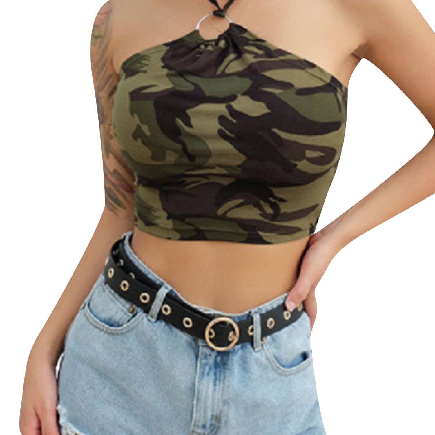 Image of Ladies' Sleeveless Camouflage Print Vests, Halter Bustier Tops With Ring Connections For Summer Fashion