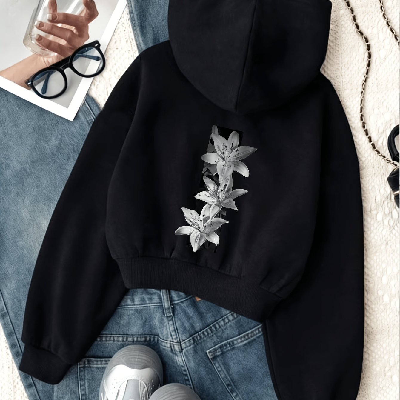 TEMU European And Fashion Floral Print -lined Short Zip-up Hooded Cardigan Sweatshirt, Women' Zip-up Cardigan Outerwear Top