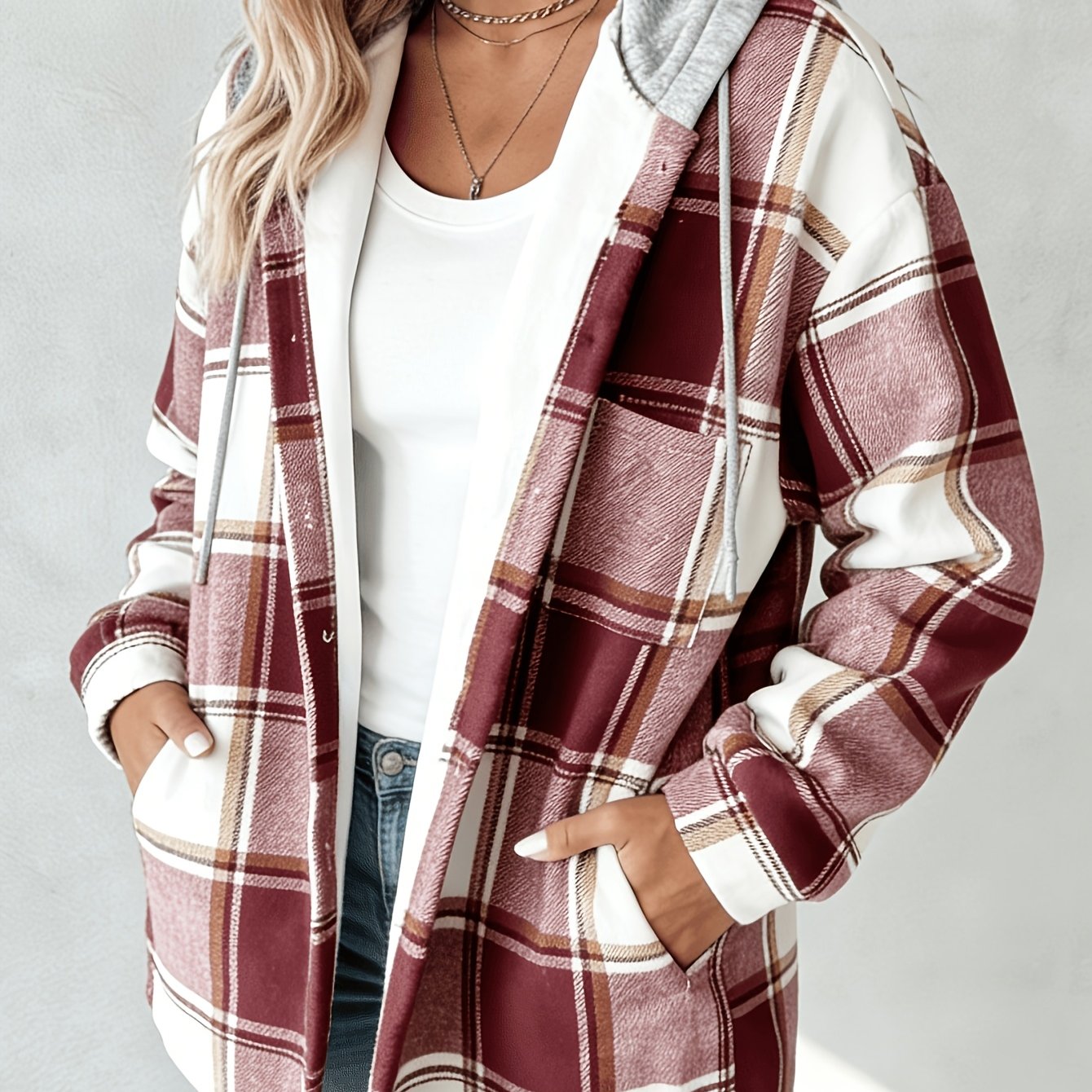 TEMU Women's Retro Hooded Jacket | Button-up Long Sleeve, Layering For Casual & Daily Outfits, Slight Stretch, Hooded, Pattern, Regular Sleeve,