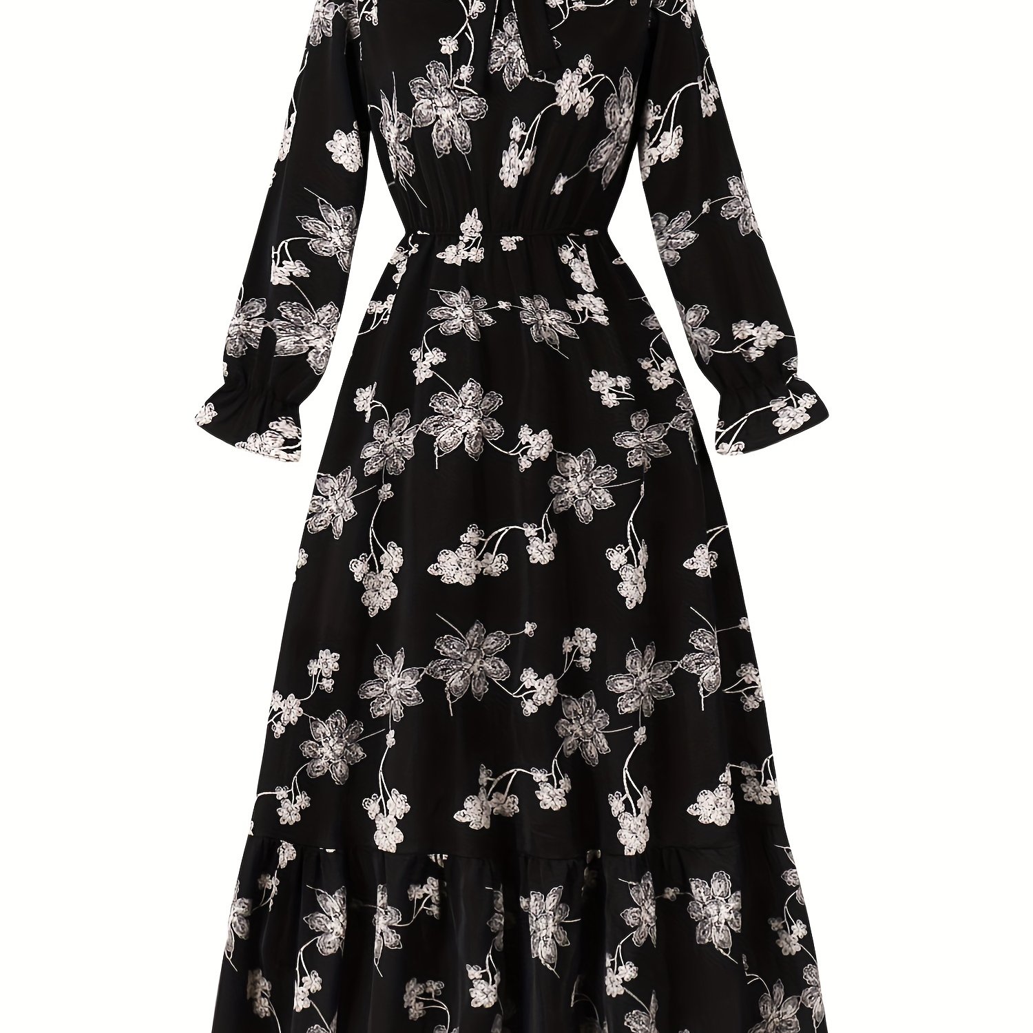 1pc Elegant Floral Print Dress For Women - Polyester A-line Pendulum Dress With Tie Neck, Woven Fabric, Spring/fall Collection