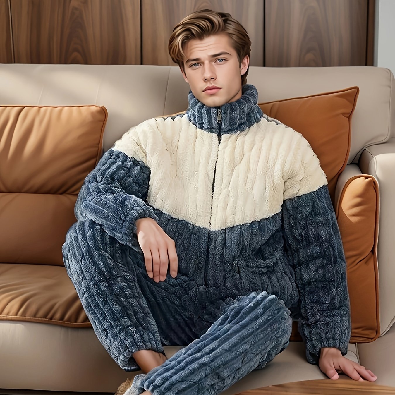 TEMU Men's Cozy Fleece-lined Pajama Set - Warm, Thick Winter Sleepwear With Stand Collar & Zip-up Jacket, Long Sleeve Top & Pants - Stylish Geometric