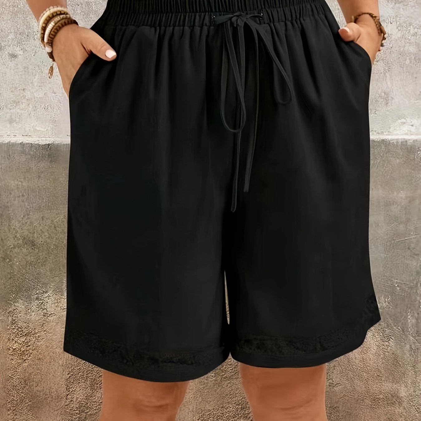 Plus Size, Plus Size Women's Loose Casual Shorts With Pockets, Solid Color High-waisted Wide-leg Shorts