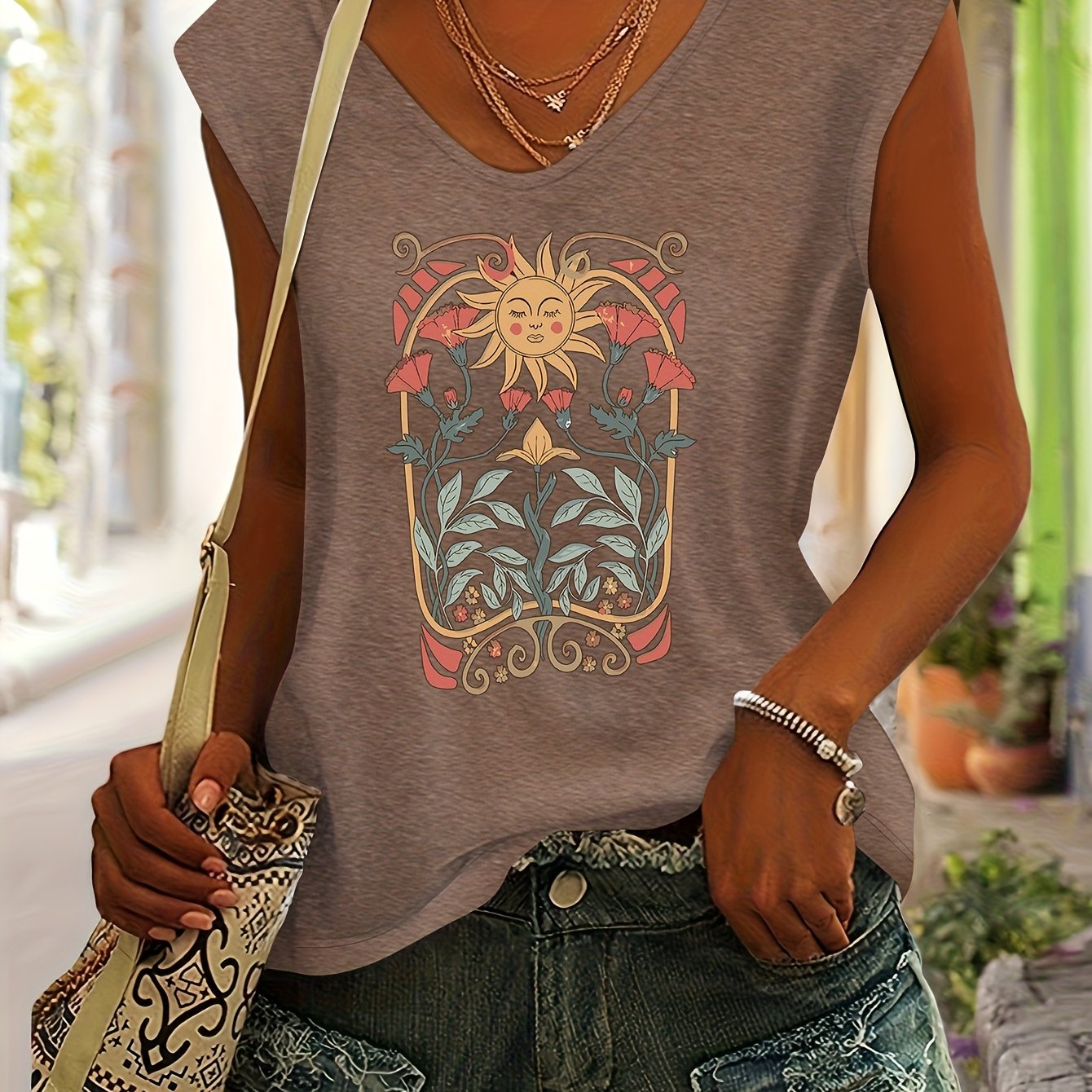 TEMU Fashion Floral Print European And Women's Spring And Summer Daily Versatile Comfortable Casual Beach Vacation V-neck Drop Shoulder Short-sleeved