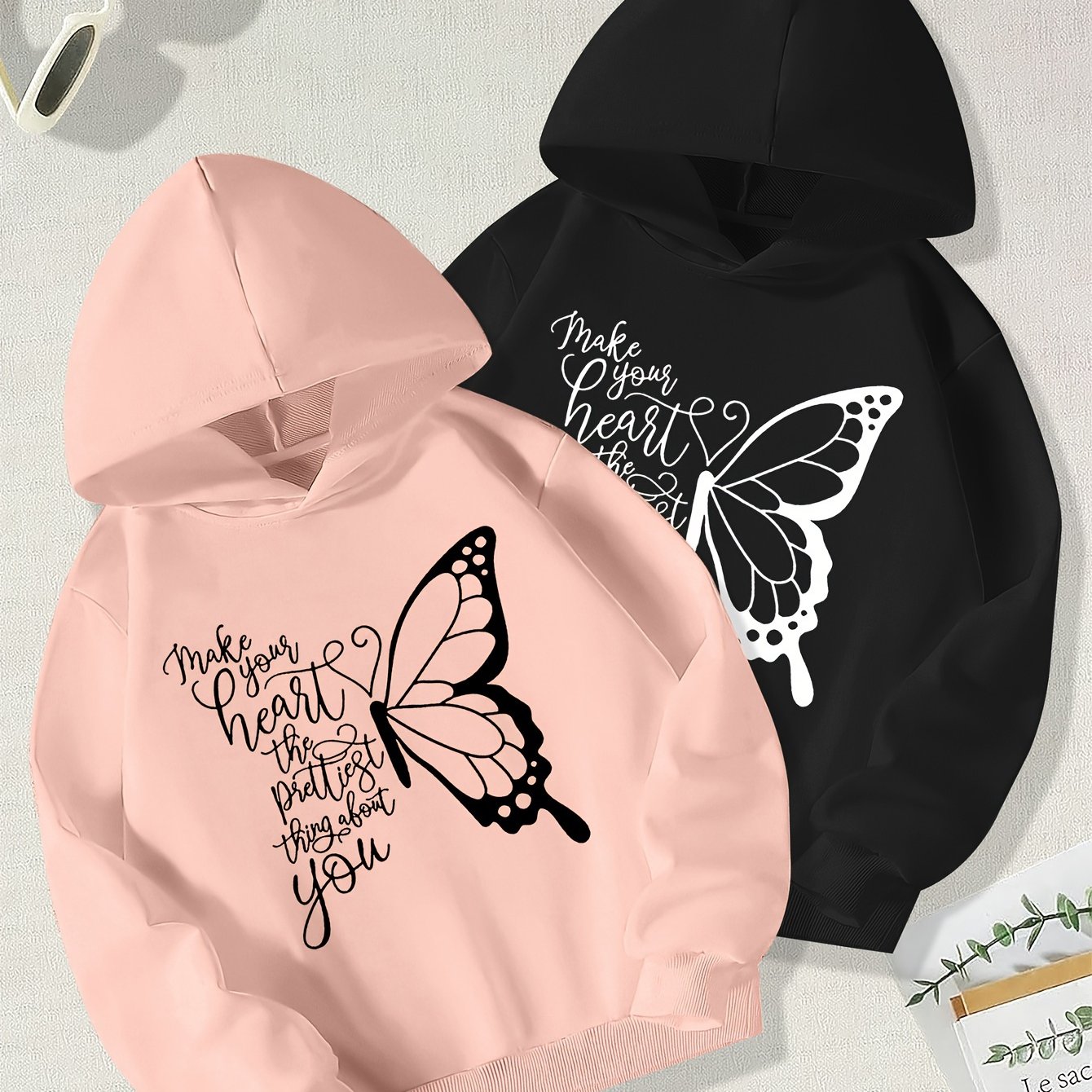 2-pc Girls' Creative Print Autumn/winter Sweatshirt, Soft And Comfortable Hooded Long-sleeve Sweatshirt, Children's Autumn/winter Top 2pcs Set