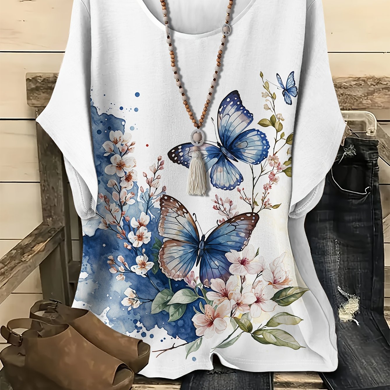 Plus Size, Women's Plus Floral Print Short Sleeve T-shirt No Accessories Included
