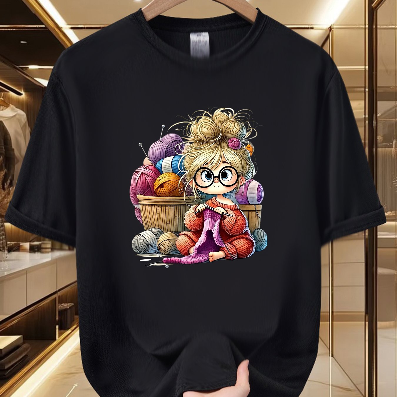 TEMU **cozy Knitting Enthusiast T-t-shirt - Creative Crochet Design, Soft And Breathable, 100% Polyester Fiber, Crew Neck, Short Sleeve Apparel,