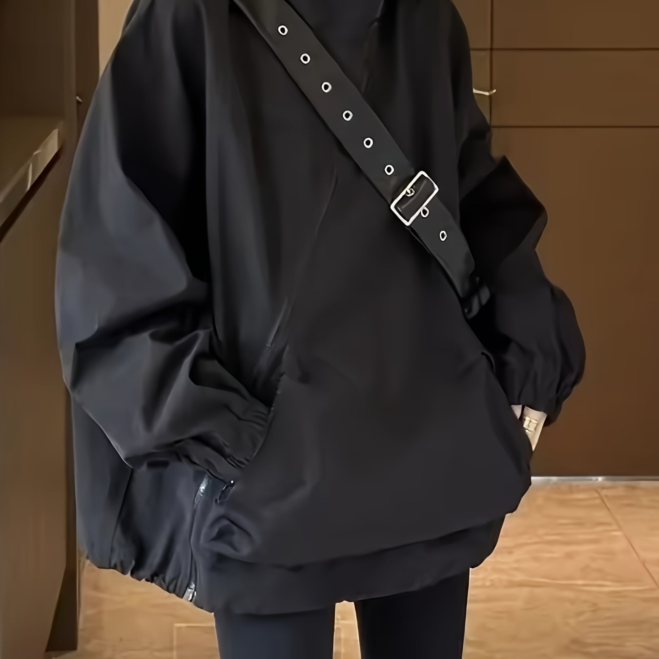 Women's Hooded Jacket With Diagonal Zipper Design, Vintage Autumn Loose Fashion, , Casual Versatile