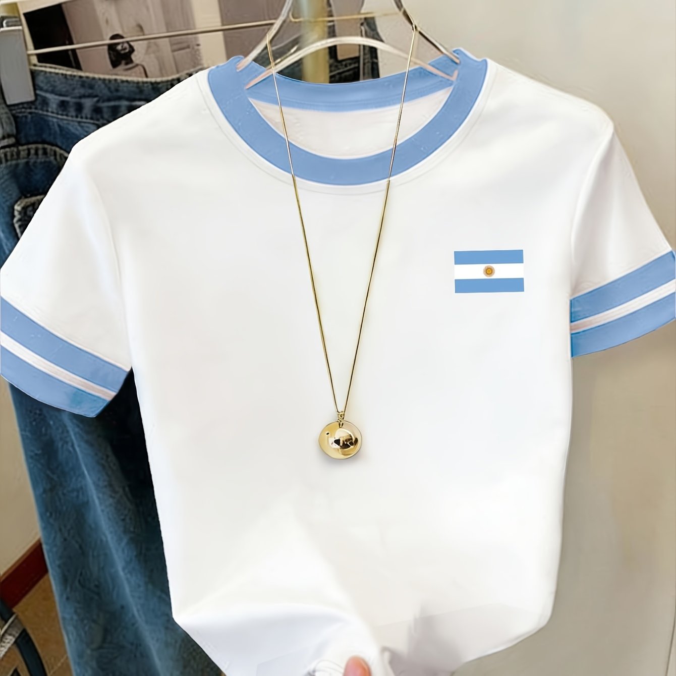 TEMU Camiseta temática con estampado de Argentina para mujer, de manga corta, a rayas, con bloques de color de y cuello , fresca y transpirable para