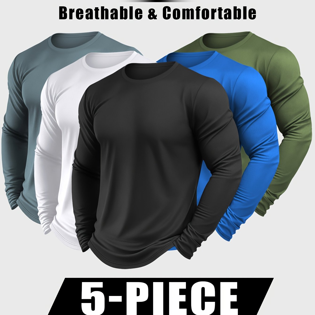 TEMU Men's Long-sleeve T-shirt Set Of Five, Featuring A Solid Round Neck Design, Stylish And , Made From Breathable And Quick-drying Fabric, Suitable