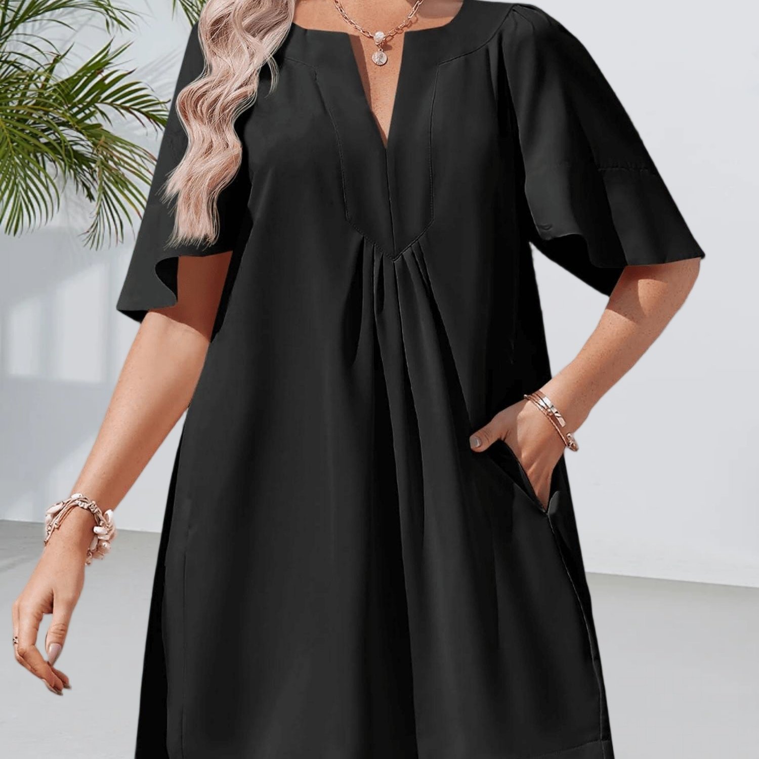 Women's Casual V Neck Flutter Sleeve Mini Dress Loose Dress