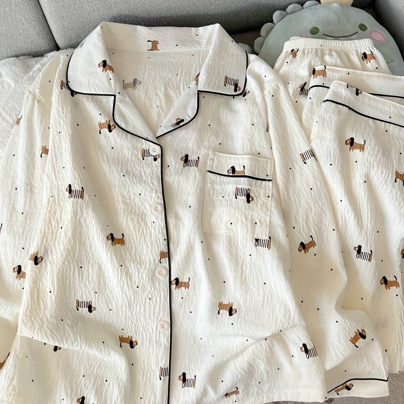 TEMU Cute Cartoon Dog Print Pajama Set For Women | Long Sleeve Shirt And Long Pants, Lapel Collar, Pocket Details, Fall/winter Season