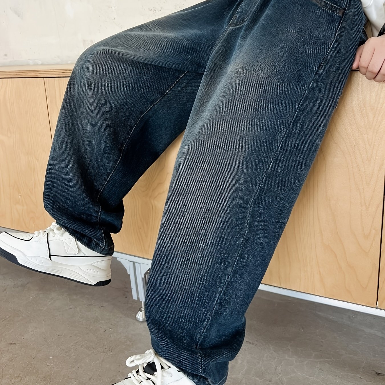 Image of Boys' Casual Trendy Jeans, Spring/autumn, Stylish Wide-leg Straight-leg Pants For Middle/older Kids, Loose Fit, Machine Washable