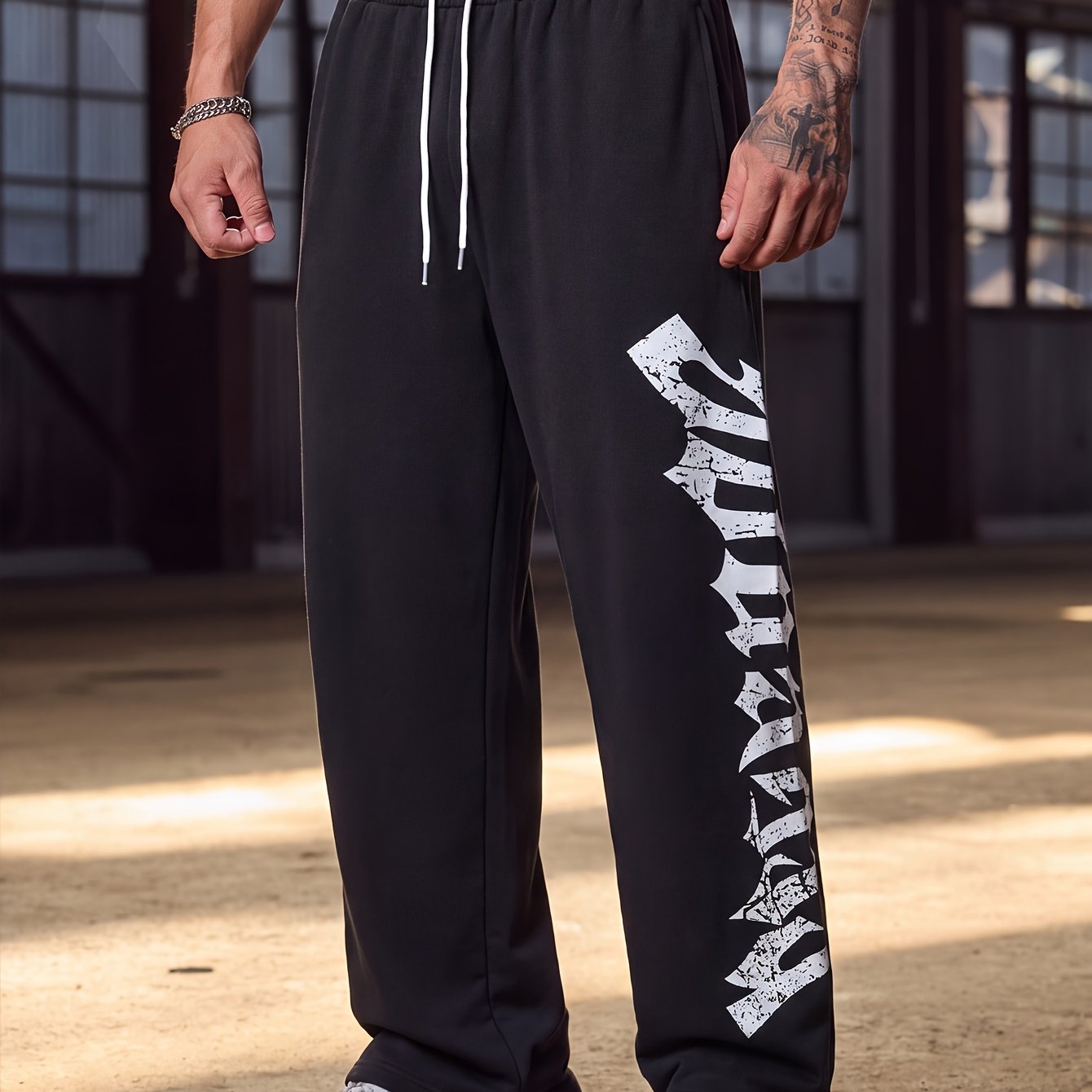 TEMU Men's Letter Graphic Drawstring Waist Sweatpants Straight Leg Long Going Out Goth, Goth Sweatpants, Men's Graphic Sweatpants, For Rave, Back To
