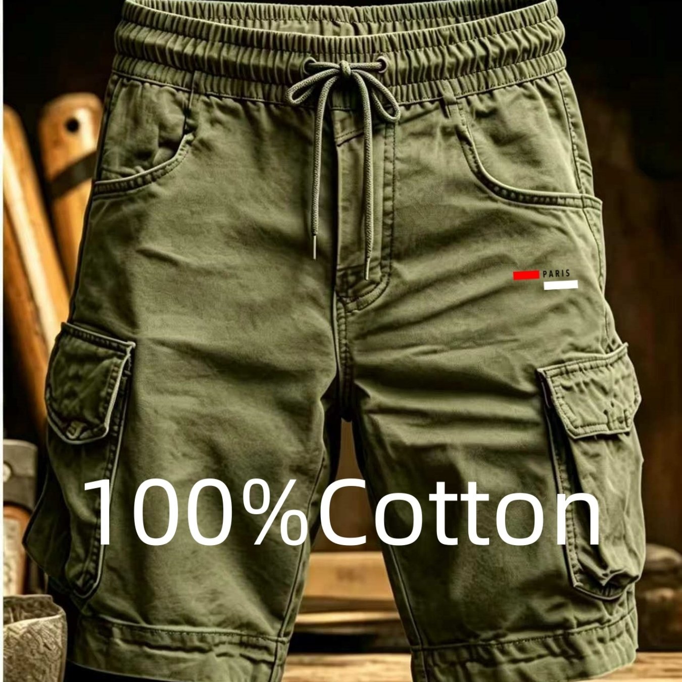 Men's 100% Cotton Cargo Shorts, Loose Fit Casual Shorts With Elastic Drawstring Design, Wear-resistant Cargo Shorts With Multiple Pockets