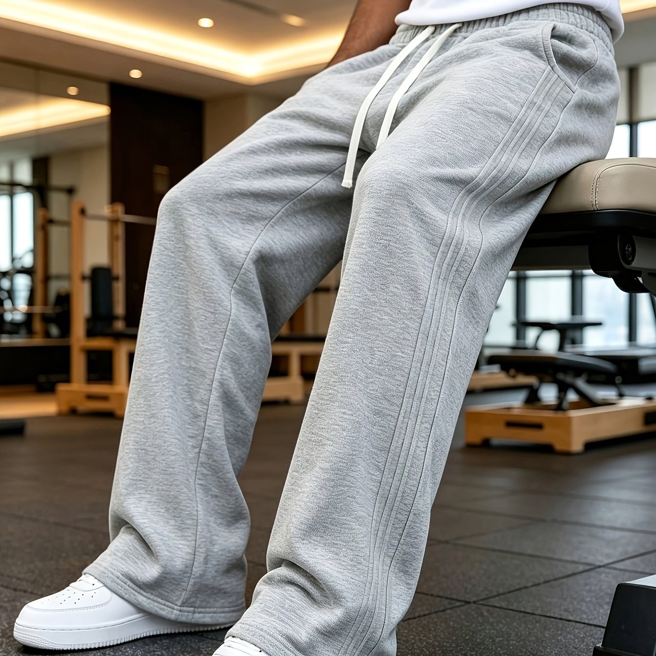 TEMU Men's Wide-leg Knit Joggers - Soft Breathable Loose-fit Sweatpants With Adjustable Drawstring Waist, Straight-leg Trousers Suitable For Gym,