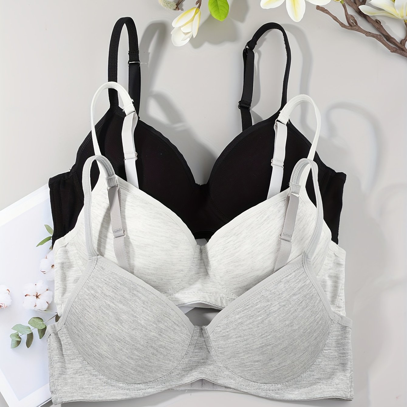 3pcs Set Of Material Full Coverage Underwire Bras, Soft And Breathable Skin-friendly Material, Suitable For Casual Occasions