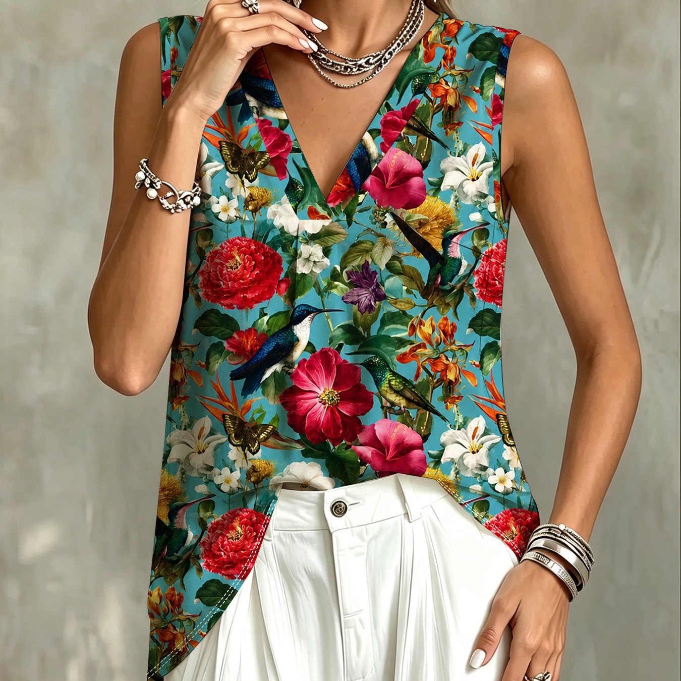 TEMU Jungle Floral Bird Print V-neck Sleeveless Top - Bohemian & Foliage Style Vest, Breathable Full-body Suitable For Vacation, Beachwear, Everyday